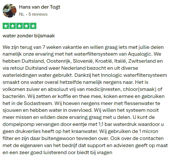 5-star Trustpilot review van Hans van der Togt, water zonder bijsmaak